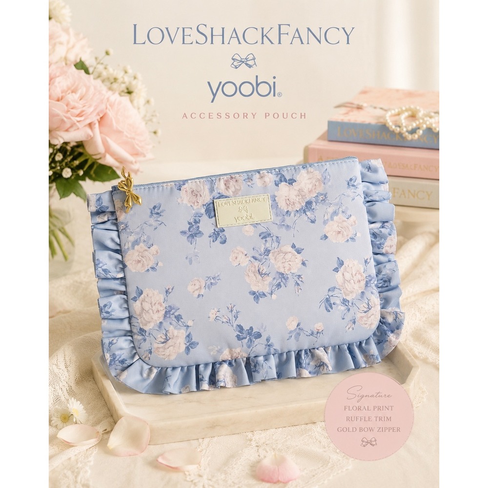 LoveShackFancy x Yoobi Blue Floral Ruffle Accessory Pouch NWT Coquette